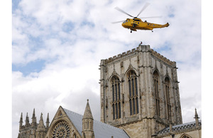 A Leconfield Search and Rescue Sea King helicopter from E Flight, 202 Squadron, taking part in a simulated casualty evacuation from the top of York Minster