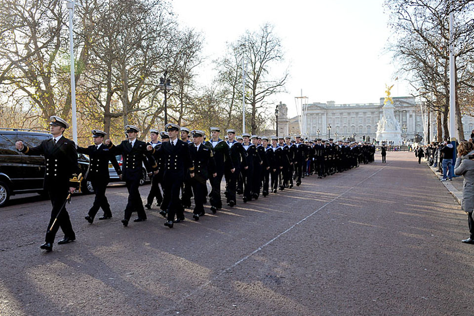 Members of the Commando Helicopter Force march along the Mall in London
