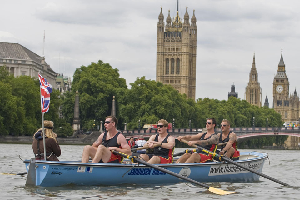 Olympian greets injured Royal Marines at end of Thames row
