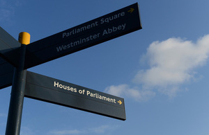 Parliament Square, Westminster Abbey and Houses of Parliament pavement sign.