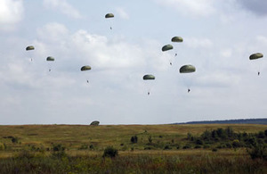 Paratroopers from 2 PARA jumped from a US C-130 aircraft onto the Yavoriv Training Area in Ukraine as part of Exercise Rapid Trident