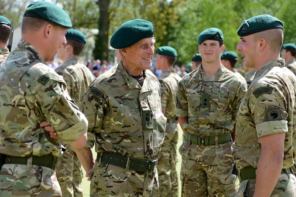 The Duke of Edinburgh speaks with Royal Marines
