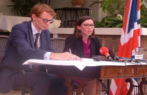 Danae Dholakia, UK Special Envoy for the Great Lakes, alongside Jon Lambe (DHM, Kinshasa) during the press conference in Kinshasa