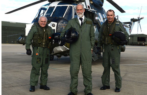 Left to right: Chief Petty Officer Aircrewman Andy Vanes, His Royal Highness Prince Michael of Kent and Lieutenant Commander Ric Fox