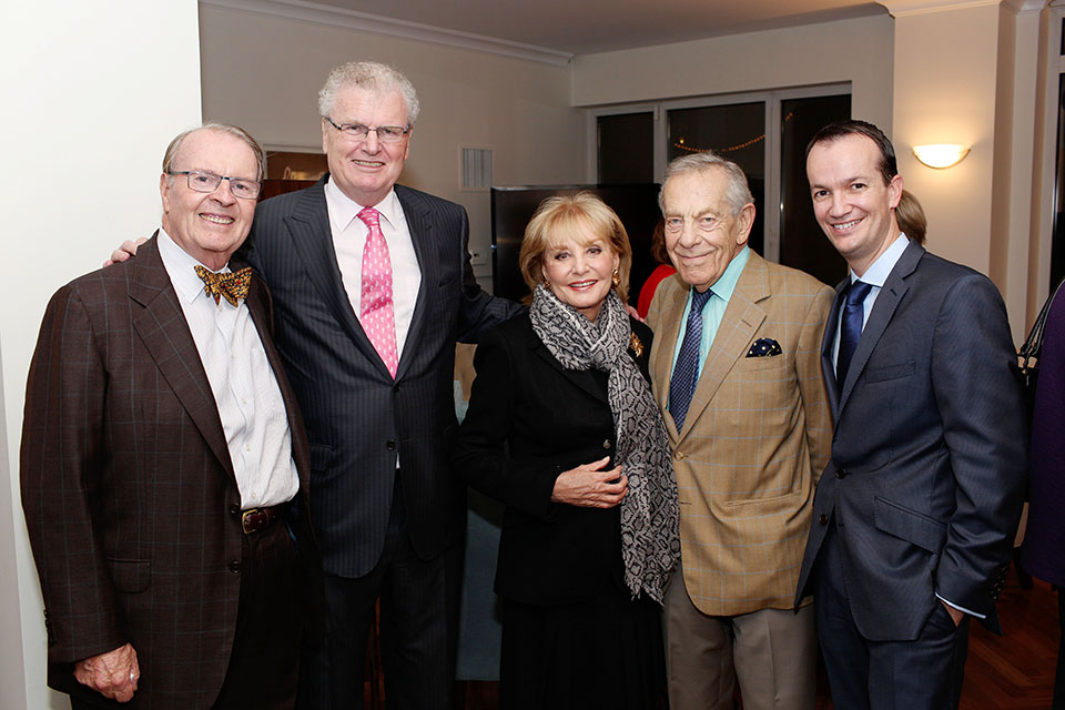 From left to right: Charles Osgood, Sir Howard Stringer, Barbara Walters, Morley Safer, and Consul General Danny Lopez.