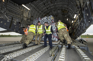 An RAF C17 aircraft is loaded with aid from the British people, headed for people affected by the earthquake in Nepal. Picture: Steve Lympany/MOD