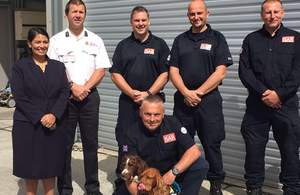 Priti Patel with members of the UK’s International Search and Rescue (ISAR) team at Essex Fire and Rescue Service in Colchester.