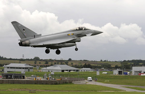 An RAF Typhoon aircraft landing at RAF Northolt in West London