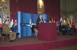British Ambassador Edward Ferguson addresses guests at the NATO CPE handover ceremony in Sarajevo