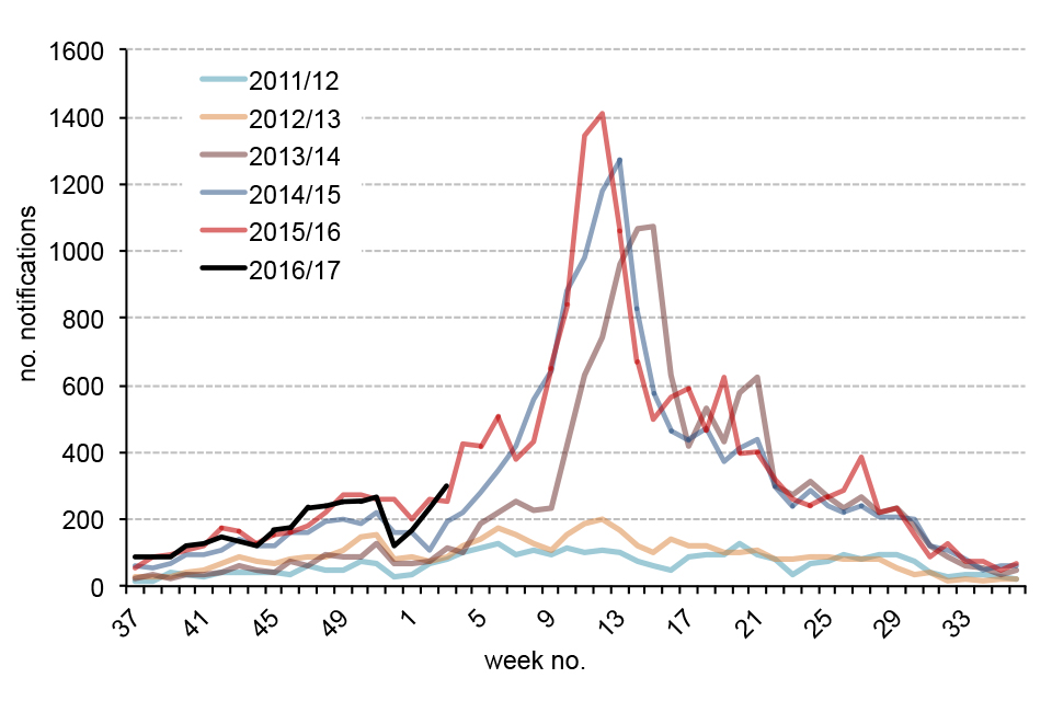 Weekly scarlet fever and iGAS notifications in England, 2010/11 onwards