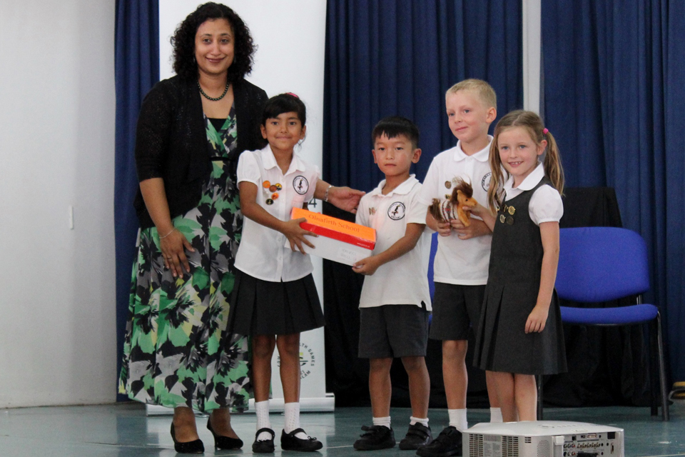 Mrs Sunny Ahmed and the student representatives of Hornbill School with their Shetland pony mascot.
