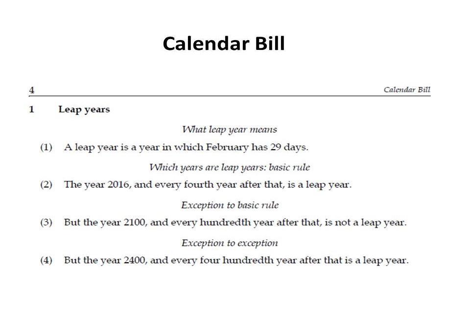 Part of the text from the Calendar Bill: 4 short statements about leap years along with explanatory headings such as "What leap year means" or "Exception to basic rule".