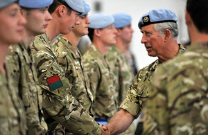 Prince Charles shakes hands with a soldier
