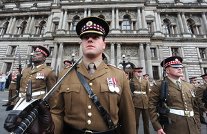 Members of the 1st Battalion Scots Guards on parade in Glasgow to mark their return from a tour of duty in Afghanistan [Picture: Mark Owens, Crown copyright]