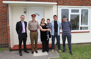 Left to right: Phil Shepley, (Managing Director, MODern Housing Solutions), Major General George Norton CBE, General Commanding London District, Mrs Sarah Bell and son Alexander, Lance Corporal Paul Bell, Air Commodore Alan Opie (DIO Head of Operations Ac