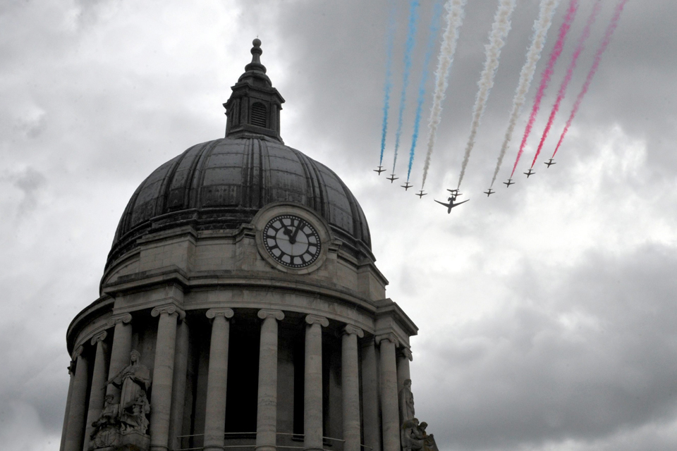 The Red Arrows fly over Nottingham