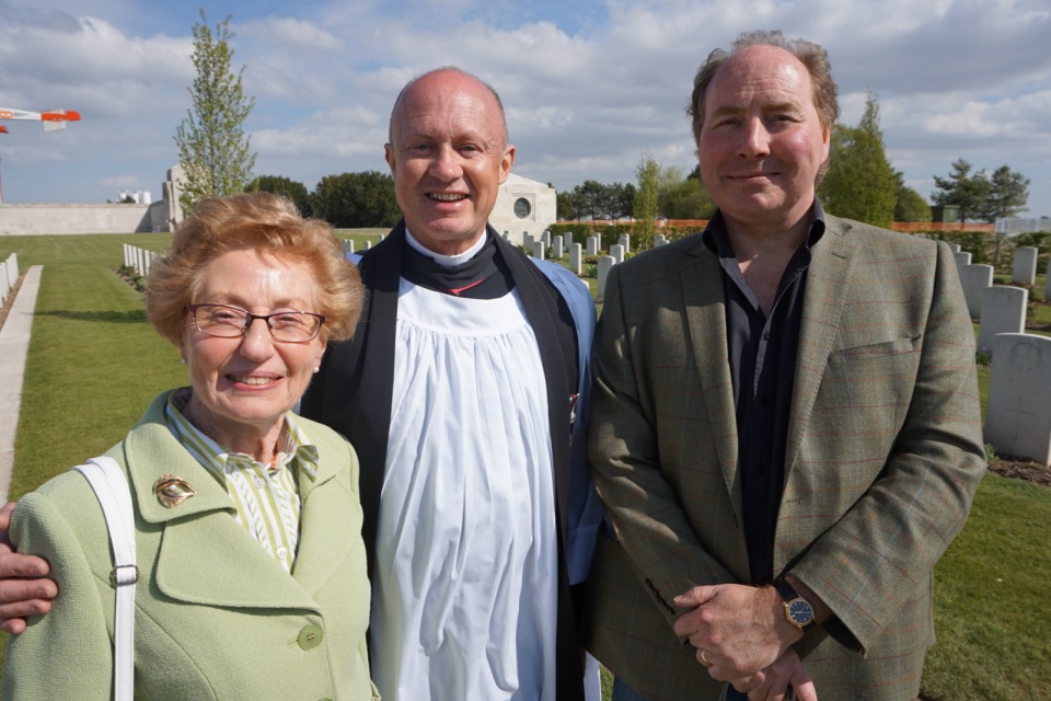 Great niece Sandra Harper with her son and Rev Justin Bradbury, Crown Copyright, All rights reserved