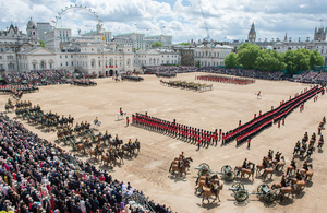 Troops and horses of the Household Division Trooping the Colour on Horse Guards Parade [Picture: Corporal Paul Shaw, Crown copyright]