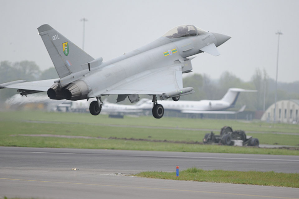 An RAF Typhoon arrives at RAF Northolt