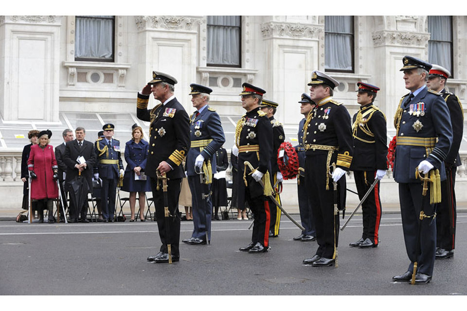 His Royal Highness The Prince of Wales with Defence Chiefs during a service in London to mark the 65th anniversary of Victory in Europe 