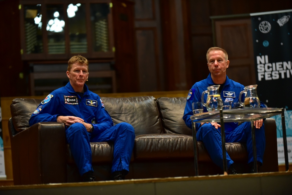 Astronauts Tim Peake and Tim Kopra on stage at Ulster Hall, Belfast.