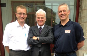 Medic Paul Holmes (l) and firefighter Martyn Ferguson (r) with Desmond Swayne at Mercy Corps' Edinburgh office. Picture: Jessica Seldon/DFID