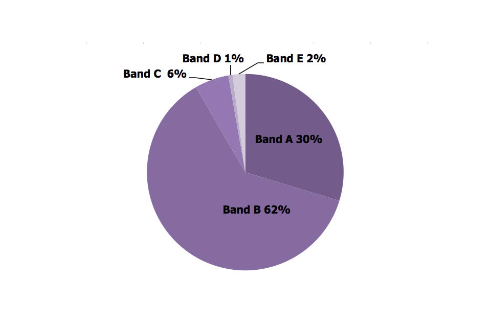 Band A 30%, Band B 62%, Band C 6%, Band D 1%, Band E 2%