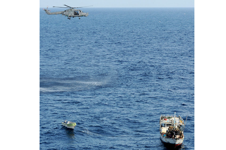 Royal Marines on board a Royal Navy Lynx Mk8 helicopter issued clear warnings for the dhow to stop