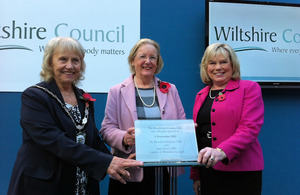 Baroness Hanham unveils a comemorative plaque with Christine Crisp, Wiltshire Council chairman, and Jane Scott, Wiltshire Council leader.