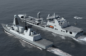 Artist's impression of a new Royal Fleet Auxiliary tanker completing a replenishment at sea with a type 45 Destroyer