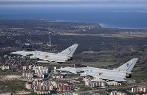 A flight over Tallinn City, Estonia, by two RAF Typhoons from 6 Squadron on NATO's Baltic Air Policing Patrol. [Crown Copyright]