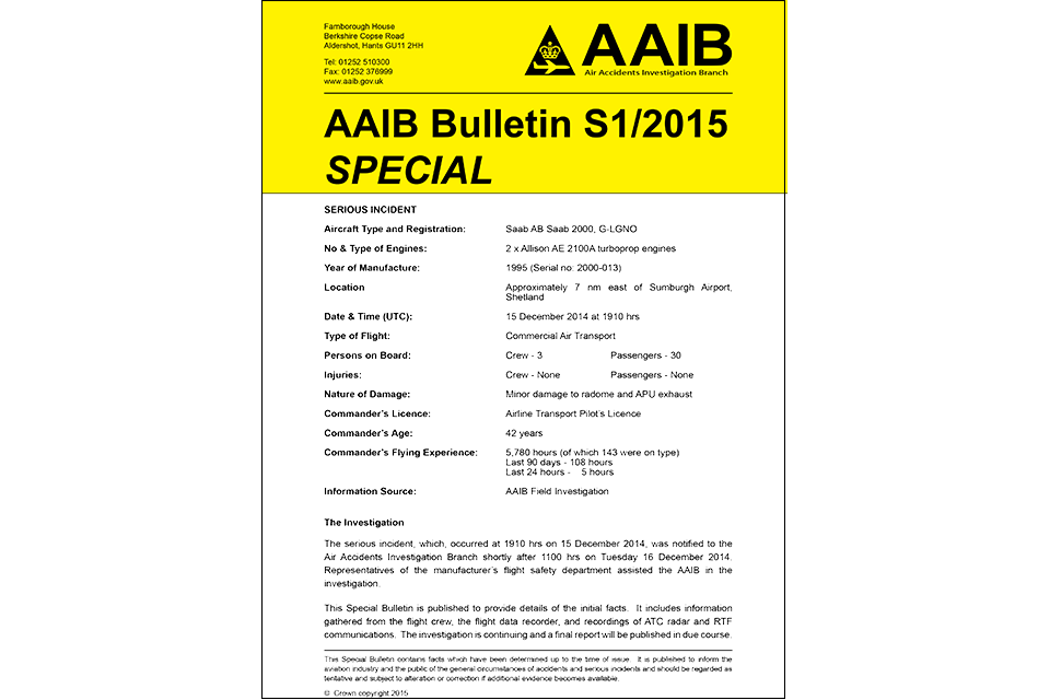 AAIB Special Bulletin on Saab 2000, G LGNO