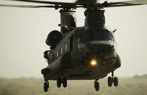 A Royal Air Force Chinook helicopter lifts off during pre-deployment training for operations in Afghanistan (stock image)