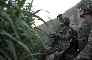 Soldiers from the Royal Anglian Regiment stop and observe during a patrol in the Green Zone [Picture: Sergeant Andy Reddy RLC, Crown copyright]