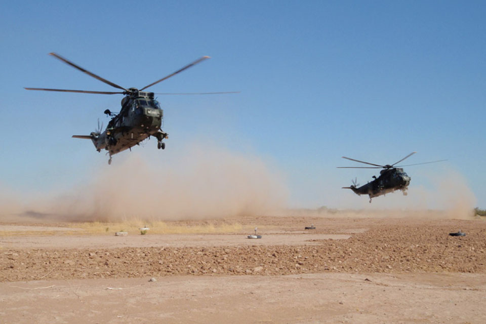 Sea King helicopters practise formation dust landings