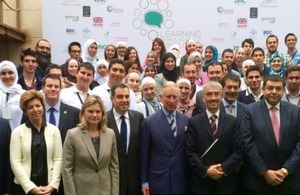 HRH Prince Charles with 70 young people from Jordan who attended the "Learning from Experience" event