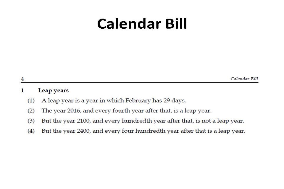 Part of the text from the Calendar Bill broken down into 4 short statements about leap years.