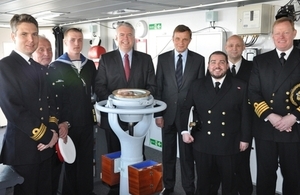 Secretary of State David Jones MP and First Minister Carwyn Jones AM meet Welsh crew members aboard HMS Dragon