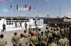 The handover ceremony of 4th Mechanized Brigade to 1st Mechanized Brigade at the headquarters of Task Force Helmand in Lashkar Gah [Picture: Sergeant Barry Pope, Crown copyright]