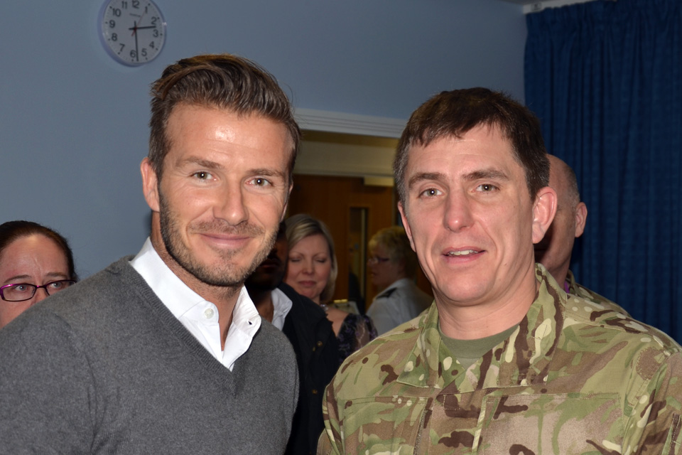 David Beckham with a serviceman at the Queen Elizabeth Hospital Birmingham