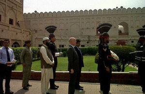 Foreign Secretary William Hague about to lay a wreath at the tomb of the poet Iqbal in Lahore.