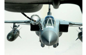 A 908th Expeditionary Air Refueling Squadron KC-10 Extender refuelling a Royal Air Force Tornado GR4 (stock image)