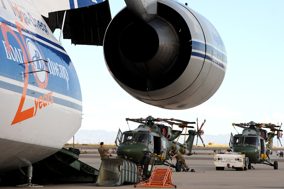 Lynx Mk9A helicopters being loaded onto a Russian Antonov 124 cargo plane