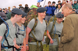 His Royal Highness The Duke of Edinburgh talks to young people taking part in the 2010 Ten Tors Challenge