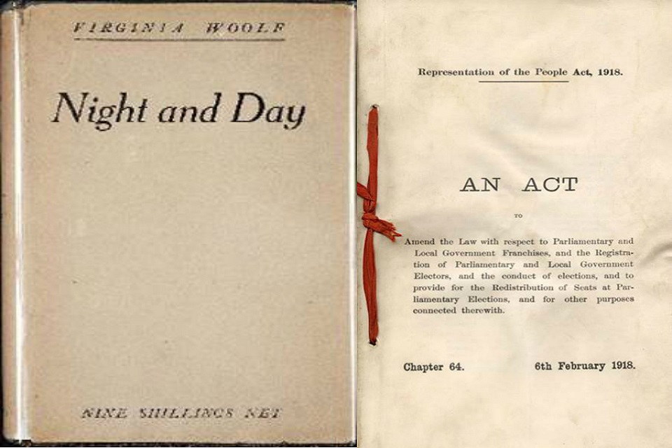 Cover of Night and Day by Virginia Woolf, next to the Representation of People Act.