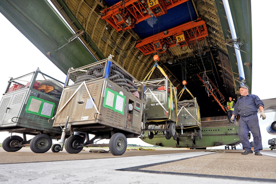 An Antonov heavy-lift transport aircraft is loaded with equipment