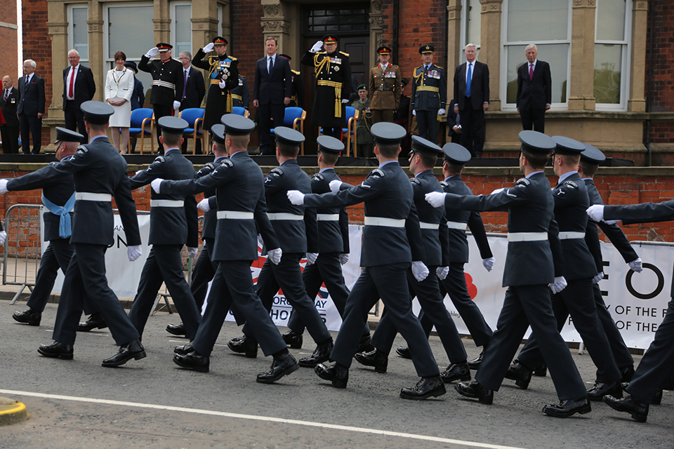 HRH The Duke of York, General Sir Christopher Deverell and the Prime Minister take the salute in Cleethorpes