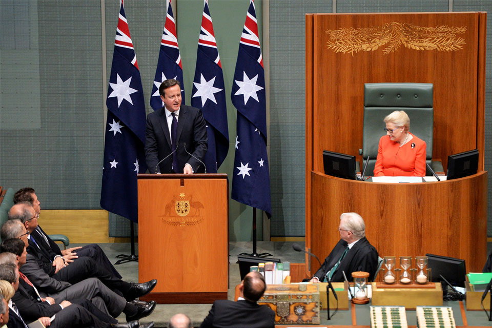 David Cameron addresses the Australian Parliament
