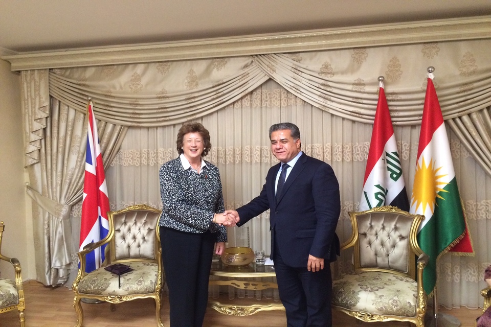 The Baroness with HE Falah Mustafa, Foreign Minister for Kurdistan, discussing what can be done to provide safety and security for women in KRG.