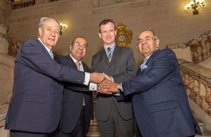 Mr Juan-Miguel Villar-Mir (of Grupo Villar Mir), Mr PP Hinduja (of the Hinduja Group), Defence Minister, Mark Lancaster MP, Mr GP Hinduja (of the Hinduja Group) on the main staircase of The Old War Office. Photo via MOD. Crown Copyright.